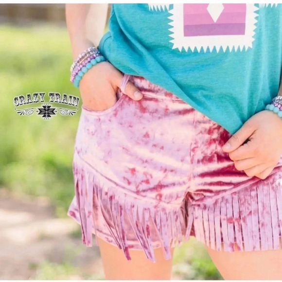 NWT Crazy Train pink velvet fringe shorts with belt loops size XXL - Picture 1 of 9